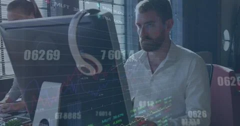 Image of stock market data processing against caucasian man using computer .. Stockfoto's