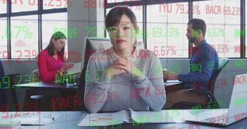Image of stock market data processing over portrait of asian woman talking Stock Photos