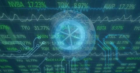 Image of stock market over data processing and globe on green background Stock Illustration