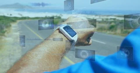 Image of subscribe and data processing over biracial man using smartphone 写真素材