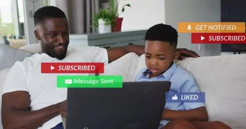 Image of subscribe over happy african american father and son using laptop 스톡 일러스트