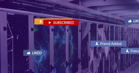 Image of subscribe over violet server room 스톡 사진
