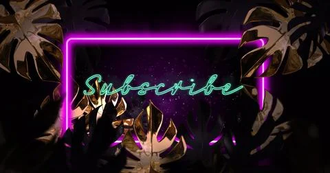 Image of subscribe text and neon frame over leaves on black background Stock Photos