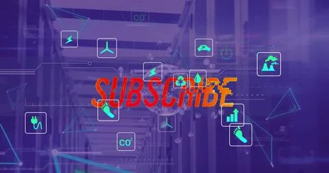 Image of subscribe text, digital eco icons and data processing over computer Illustrazione stock