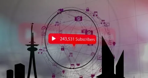 Image of subscribers text with counting numbers, icons forming globe over 스톡 사진