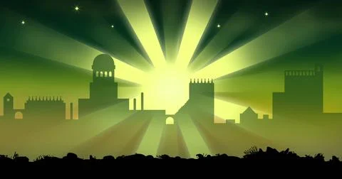 Image of sunlight breaking through silhouette of city with domes and towers Stock Illustration