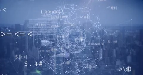 Image of symbols, computer language and dots forming globes over modern Stock Illustration