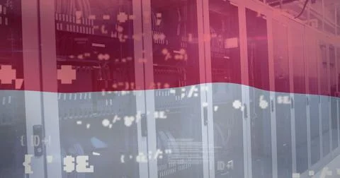Image of symbols, computer language and indonesian flag over server room Stock Photos