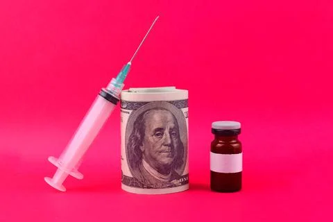 An image of syringe for injection, bank note and medicine bottle isolated in  Stock Photos
