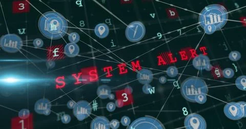 Image of system hacked, malware, alert text, letters, numbers with connected gps Stock Photos