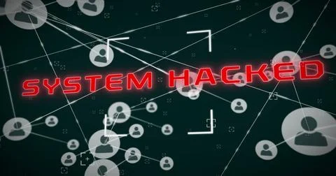 Image of system hacked text, network of connections with icons and data Stock Photos