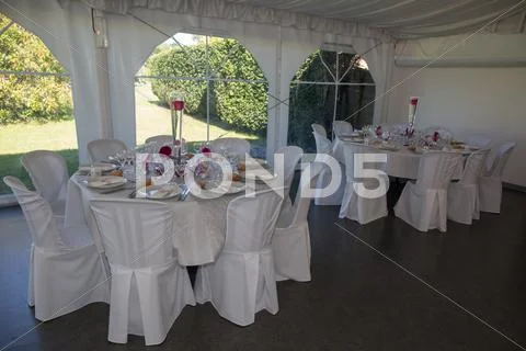 Image of tables setting at a luxury wedding hall Stock Photos