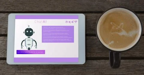 Image of tablet with ai chatbot icon and data processing Foto stock