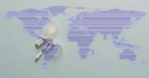 Image of tablets and processing data over purple world map on grey background Stock Photos