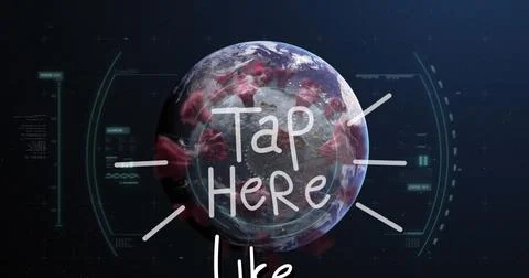 Image of tap here text and data processing over globe and virus cells Illustrazione stock