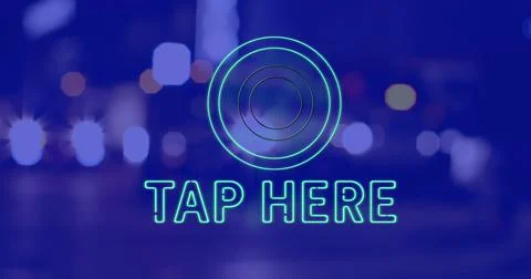 Image of tap here text over cityscape at night on blue background Ilustração Stock