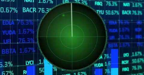 Image of targets on radar screen over bar graph, squares forming maps against Ilustração Stock