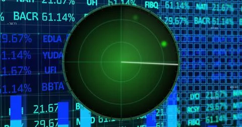 Image of targets on radar screen over bar graph, squares forming maps against Ilustração Stock