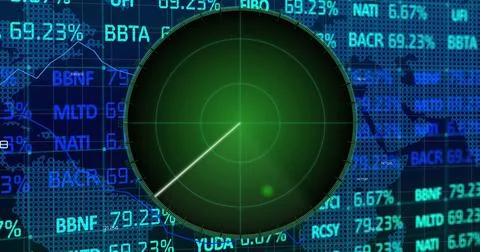 Image of targets on radar screen over bar graph, squares forming maps again.. Ilustração Stock