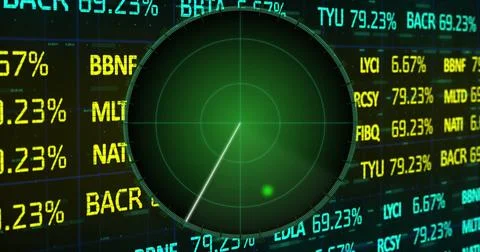 Image of targets on radar screen over trading board and numbers against bla.. Stock Photos