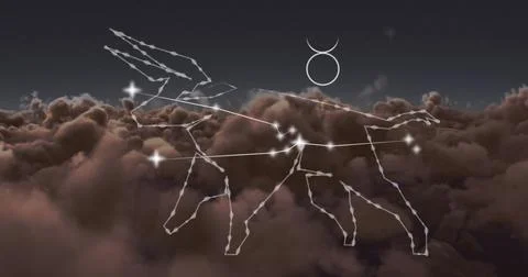 Image of taurus star sign over clouds in sky in background Stock Photos