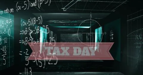 Image of tax day text and data processing on black background イラスト素材