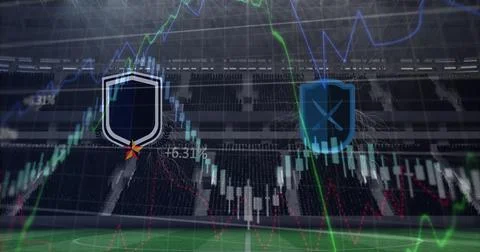 Image of team emblems and globe with graphs and data processing over sports Stock Illustration