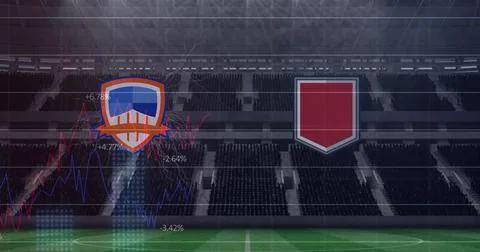 Image of team emblems with graphs and data processing over sports stadium Illustrazione stock