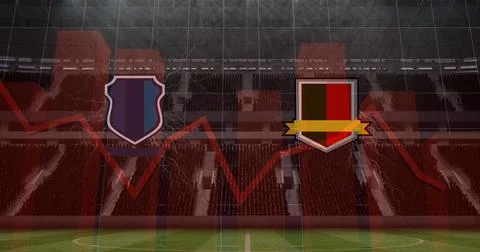 Image of team emblems with graphs and data processing over sports stadium Stockillustratie