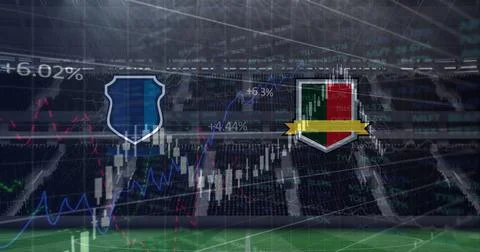 Image of team emblems with graphs and data processing over sports stadium Stock Illustration