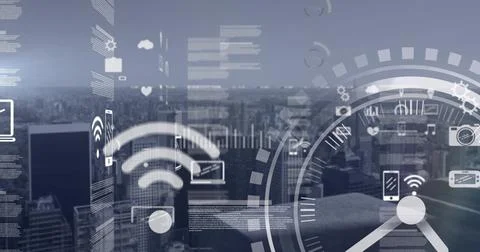 Image of tech icons and clock over cityscape Illustrazione stock