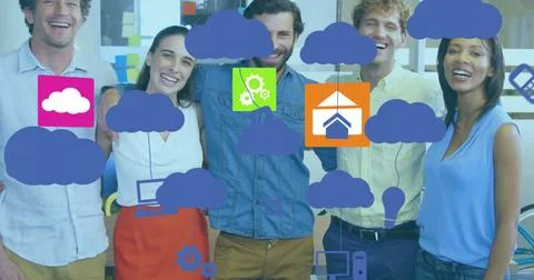 Image of tech icons and clouds over diverse female and male coworkers in office Foto stock
