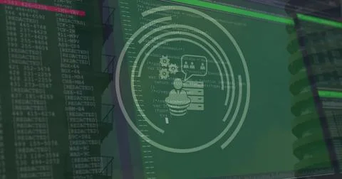 Image of tech icons and data processing on green digital screens 스톡 일러스트