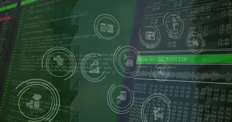 Image of tech icons and data processing on green digital screens 스톡 일러스트