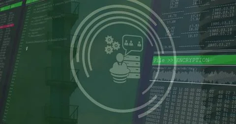 Image of tech icons and data processing on green digital screens Stock Illustration