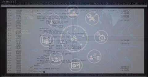 Image of tech icons and data processing on computer screen Stock Illustration