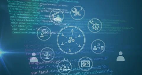Image of tech icons and data processing on green digital screen Stock Photos
