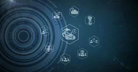 Image of tech icons and data processing on green digital screen Stock Photos
