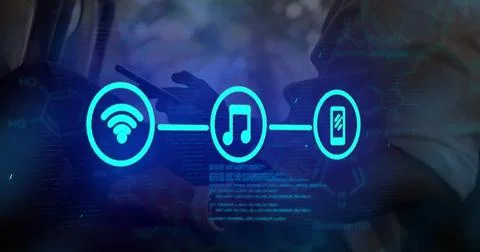 Image of tech icons and data over hands of caucasian man using smartphone Stock Photos
