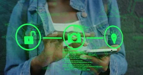 Image of tech icons and data over hands of biracial woman using smartphone Stock Photos