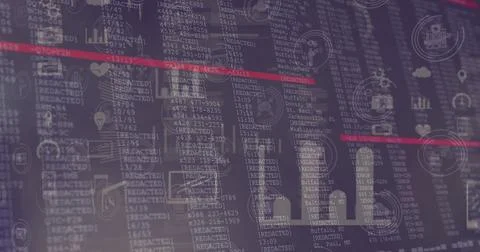 Image of tech icons and data processing in navy digital space Foto stock