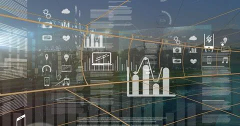 Image of tech icons and data over cityscape Stock Photos