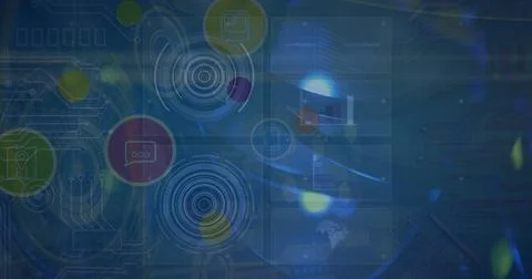 Image of tech icons and data on green digital screen 스톡 사진