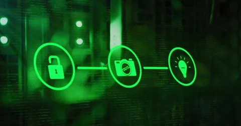 Image of tech icons on black background Stock Photos