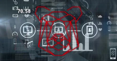 Image of tech icons, data and bear head on grey background Stock Photos