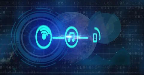 Image of tech icons, graph, globe and binary code on dark background Stock Illustration