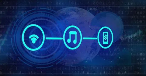 Image of tech icons, graph, globe and binary code on dark background Stock Illustration