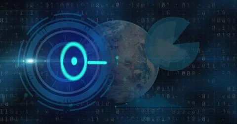 Image of tech icons, graph, globe and binary code on dark background Stock Illustration