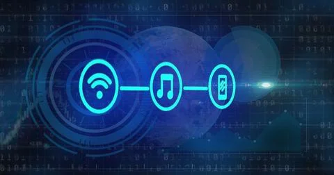 Image of tech icons, graph, globe and binary code on dark background Illustration