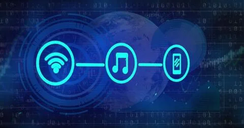 Image of tech icons, graph, globe and binary code on dark background Stock Photos